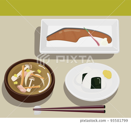 Illustration of Japanese food of salmon, miso soup and rice balls Illustration of Japanese food of salmon, miso soup and rice balls 93581799