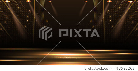 Elegant golden stage vertical glowing with lighting effect sparkle on black background. Elegant golden stage vertical glowing with lighting effect sparkle on black background. 93583265