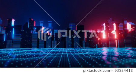 3d rendering night cityscape with neon wireframe ground. Abstract technology background illustration. 93584418