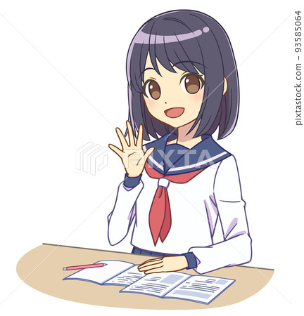 A girl in a sailor suit studying Raise her hand 93585064