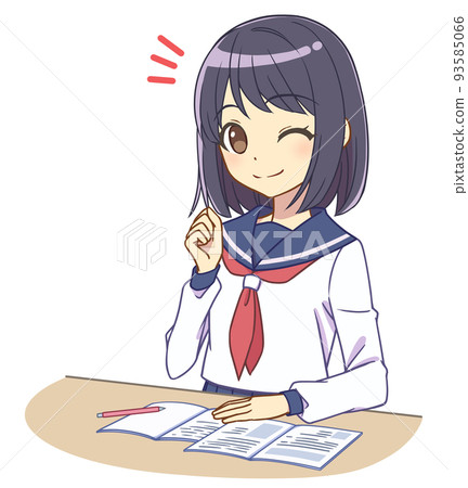 A girl in a sailor suit studying, fist pump 93585066