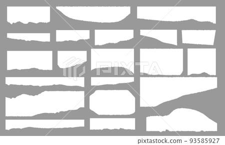 Torn paper strips isolated on gray background. Realistic torn paper with torn edges. Sticky notes, scraps of notebook pages. Vector illustration 93585927