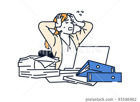 一個穿著西裝的女人在加班時抱著頭的矢量圖解 93586902