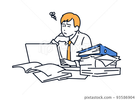 一個男人在一堆文件前擔心的矢量圖解材料 93586904