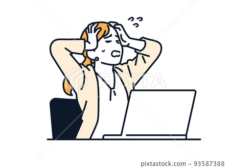 一個穿著西裝的女人在電腦前抱著頭的矢量插圖素材 93587388