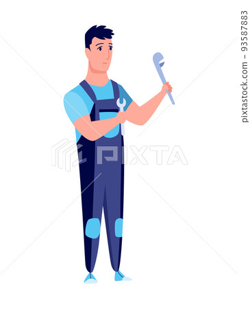 Plumber. Professional plumbing work service. Cartoon handymen repairing engineering systems with tool. Repair service and maintenance concept. Water service installing and supply 93587883