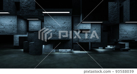 dark abstract concrete cube geometric shape cube elements with led lights 3d render illustration 93588039