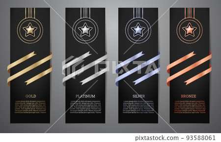 Metalic star and ribbon on black card, Gold, Platinum, Silver, Bronze, Vector illustration. Metalic star and ribbon on black card, Gold, Platinum, Silver, Bronze, Vector illustration. 93588061