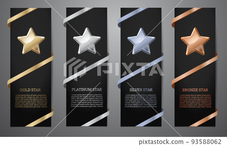 Metalic star and ribbon on black card, Gold, Platinum, Silver, Bronze, Vector illustration. 93588062