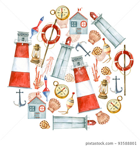 Round composition of watercolor elements - a lighthouse, colored flags, a lifebuoy, a seagull and shells hand-painted in watercolor on a white background. For invitations, postcards, scrapbooking 93588801