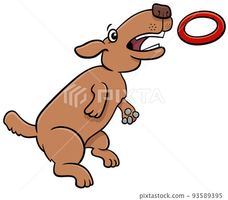 cartoon dog jumping and catching a ring toss toy cartoon dog jumping and catching a ring toss toy 93589395
