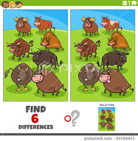 differences game with cartoon bulls farm animal... - Stock Illustration ...