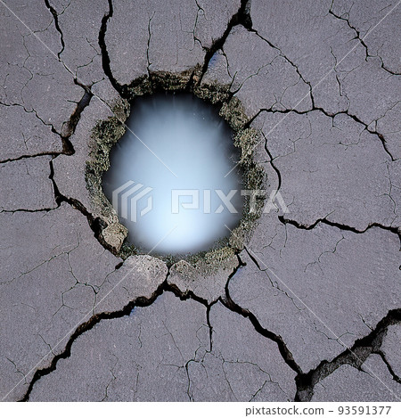 Round hole in the ground with water and cracks all around. Art style. AI generated image. Not based on any actual scene 93591377