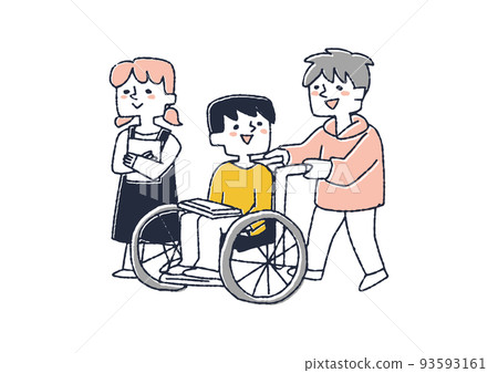 一個男孩被朋友推到輪椅上 建立一個關心殘疾人的社會和他周圍的人 一個男孩被朋友推到輪椅上 建立一個關心殘疾人的社會和他周圍的人 93593161