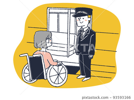 A woman riding a train in a wheelchair and a station staff member helping create a society and people around her who are considerate of people with disabilities 93593166