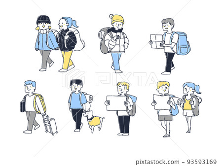Backpackers traveling freely in various regions with minimal luggageComical hand-drawn characters 93593169