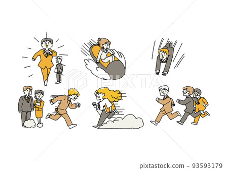 Businessmen moving forward at a fast speed Comical hand-drawn characters Vector, warm line drawing 93593179