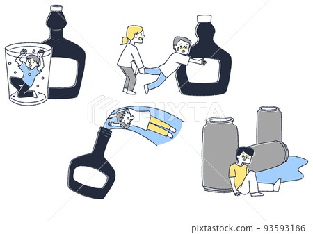 A large bottle of alcohol and its slave alcoholic A comical hand-drawn person Vector, warm line drawing 93593186
