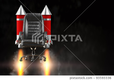 Flying office chair with burning rocket. Start up, career opportunities concept. 93593336