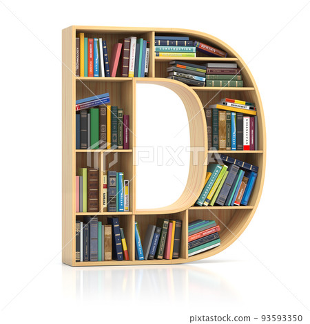 Letter D in form of bookshelf with book and texbooks. Educational and learning conceptual font and alphabet. Letter D in form of bookshelf with book and texbooks. Educational and learning conceptual font and alphabet. 93593350