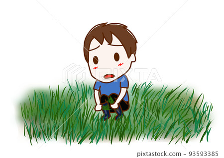 (Whole body oblique) A boy who mows bobo weeds with a dissatisfied face (Whole body oblique) A boy who mows bobo weeds with a dissatisfied face 93593385