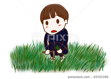 （全身斜）一臉不滿的給bobo割草的男同學 93593390