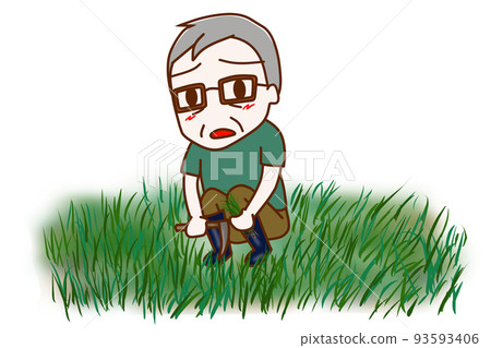 （全身斜）割波波草的老人，一臉不滿 93593406