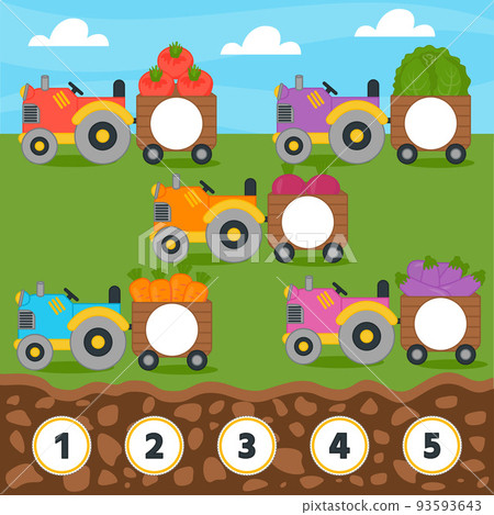 Match game for kids. Counting from 1 to 5. Count the vegetables in the tractor. Children funny education riddle entertainment and amusement. Vector illustration 93593643