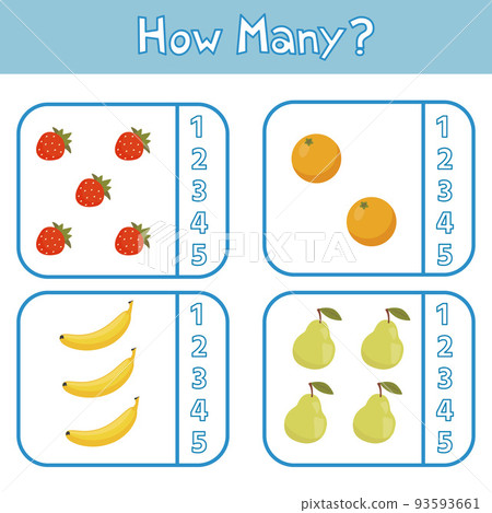 Educational game for preschool children. Learning to count up to 5. Fruits. The development of logic and attention. Vector illustration. Sheet for printing Educational game for preschool children. Learning to count up to 5. Fruits. The development of logic and attention. Vector illustration. Sheet for printing 93593661