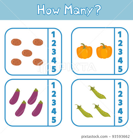 Educational game for preschool children. Learning to count up to 5. Vegetables. The development of logic and attention. Vector illustration. Sheet for printing Educational game for preschool children. Learning to count up to 5. Vegetables. The development of logic and attention. Vector illustration. Sheet for printing 93593662