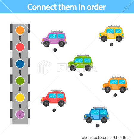 Educational game for preschool children. Connect with a line according to the color pattern. The car. The development of logic and attention. Vector illustration. Sheet for printing Educational game for preschool children. Connect with a line according to the color pattern. The car. The development of logic and attention. Vector illustration. Sheet for printing 93593663