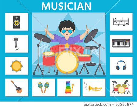 Educational game for kids. Learning cards. Professions. Musician. Musical instruments. Preschool worksheet activity. Vector illustration Educational game for kids. Learning cards. Professions. Musician. Musical instruments. Preschool worksheet activity. Vector illustration 93593674