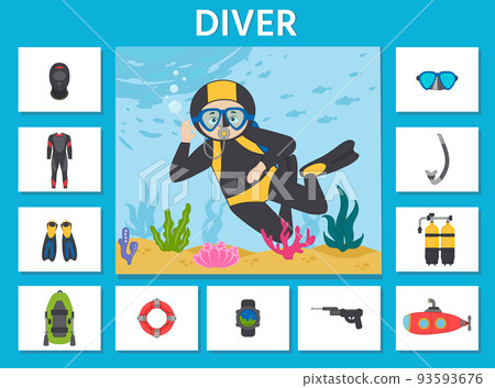 Education game for children. Learning cards. Professions. Choose the right items for the diver. Printable worksheet activity. Vector illustration Education game for children. Learning cards. Professions. Choose the right items for the diver. Printable worksheet activity. Vector illustration 93593676