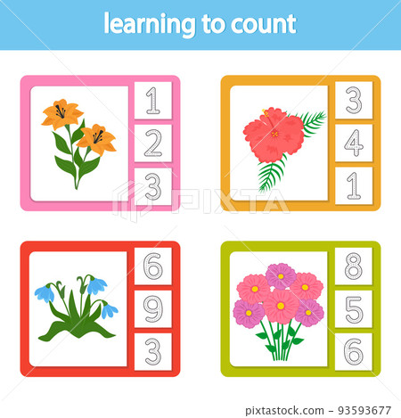 Cards for learning to count from 1 to 10. Flowers. A game for the development of intelligence and logic for preschool children. Vetor illustration. Printable sheet Cards for learning to count from 1 to 10. Flowers. A game for the development of intelligence and logic for preschool children. Vetor illustration. Printable sheet 93593677