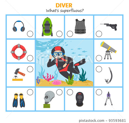 Game for kids. Diver. What's superfluous Preschool worksheet activity. Children funny riddle entertainment for the development of logical thinking Game for kids. Diver. What's superfluous Preschool worksheet activity. Children funny riddle entertainment for the development of logical thinking 93593681
