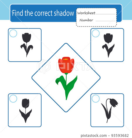 Game for children. The development of logic and attention. Find the correct shadow. Tulip. Printable activity sheet. Vector illustration Game for children. The development of logic and attention. Find the correct shadow. Tulip. Printable activity sheet. Vector illustration 93593682