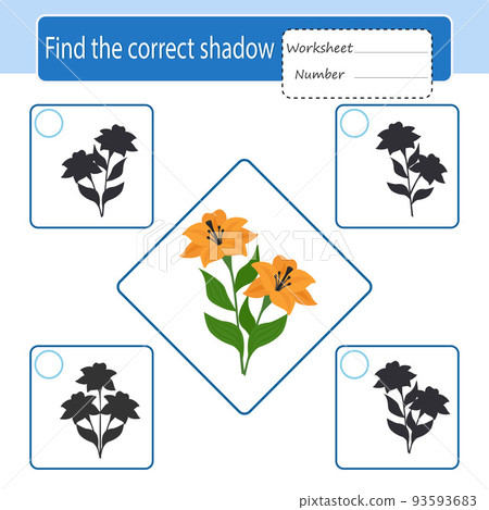 Game for children. The development of logic and attention. Find the correct shadow. Lily. Printable activity sheet. Vector illustration Game for children. The development of logic and attention. Find the correct shadow. Lily. Printable activity sheet. Vector illustration 93593683