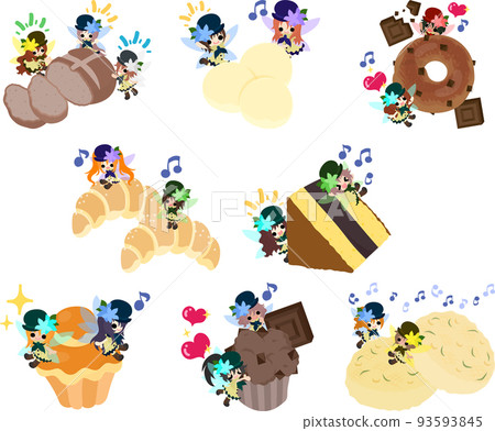 鬆餅和佛卡夏麵包等美味麵包和可愛的花仙子的插圖 93593845