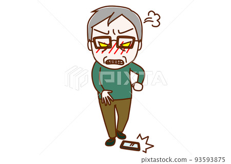 (全身正面)一位老人將智能手機扔在地板上並憤怒地擊打它 (全身正面)一位老人將智能手機扔在地板上並憤怒地擊打它 93593875