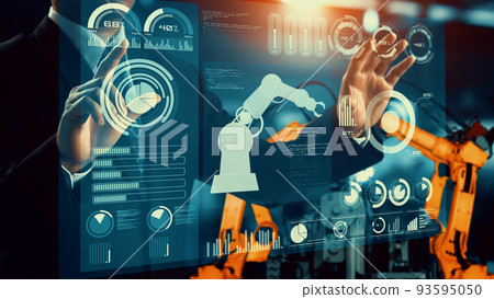 Engineer use cybernated robotic software control industry robot arm in factory 93595050