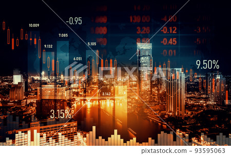 Declining graphs and digital indicators overlap modernistic city background. 93595063