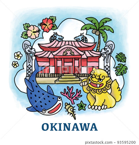 手繪沖繩圖像插圖,首里城,Shisa,鯨鯊,珊瑚,芙蓉 手繪沖繩圖像插圖,首里城,Shisa,鯨鯊,珊瑚,芙蓉 93595200