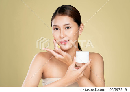 Ardent woman smiling holding mockup product for advertising text place. Ardent woman smiling holding mockup product for advertising text place. 93597249