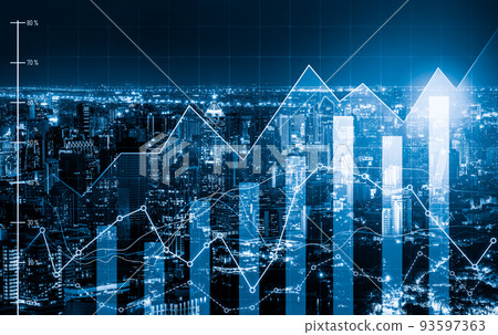 Financial graphs and modernistic cityscape as background for business concept. 93597363
