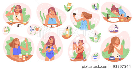 Beauty skin care, face cleanser and moisturiser, doodle cosmetic skincare routine 93597544