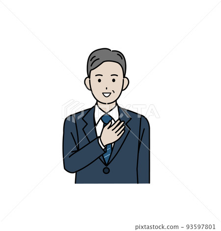 信任和安心的男人穿著西裝，手放在胸前 中年中年上班族商人插圖 93597801