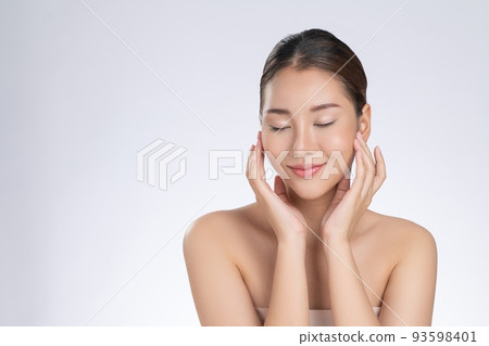 Portrait of gorgeous young girl posing beauty gesture with clean fresh skin. Portrait of gorgeous young girl posing beauty gesture with clean fresh skin. 93598401