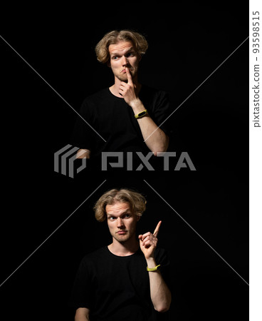 Set of two portraits of attractive cheerful man, student, thinking about problem solution and find a solution, a good idea, over black background. 93598515