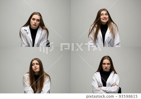 Portrait set of brunette young woman with a long hair in a white shirt with face expression like happy, sad, angry, surprised, yawn isolated on white background. 93598615