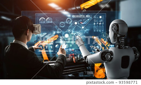 Cybernated industry robot and human worker working together in future factory 93598771